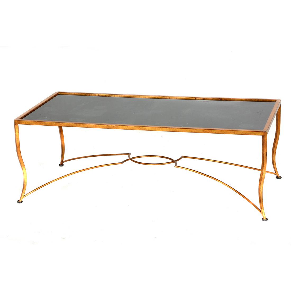 Gilt Metal Coffee Table with Inset Black Glass Top.: Gilt Metal Coffee Table with Inset Black Glass Top. {Approximate dimensions: 16 1/2 high x 47 wide x 22 1/2 inches deep.}. Condition: Minor loss to gilt painted finish. Very small spots of loss to bla