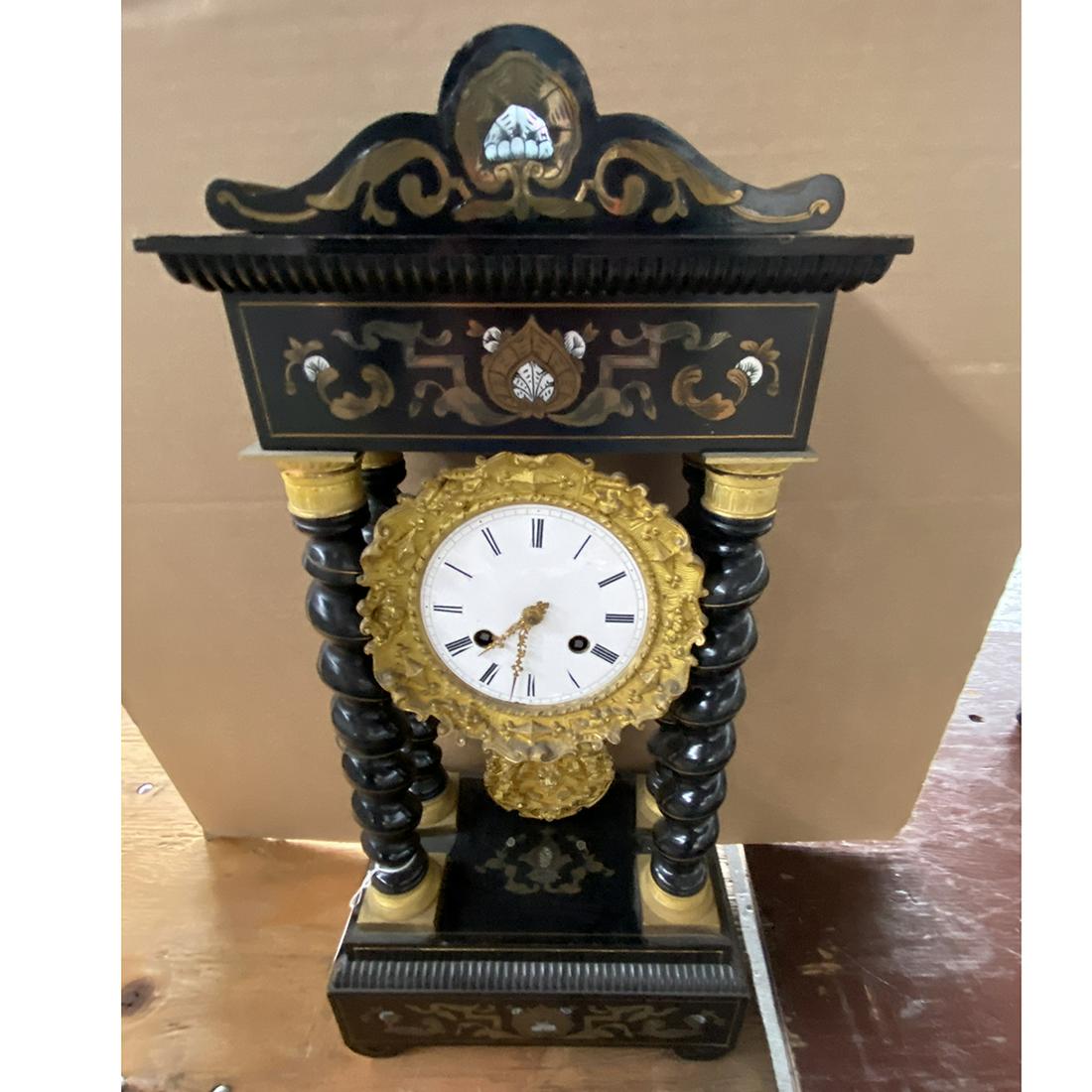 19th Century Continental Ebony Brass Inlaid and Bronze: 19th Century Continental Ebony Brass Inlaid and Bronze Portico Clock.