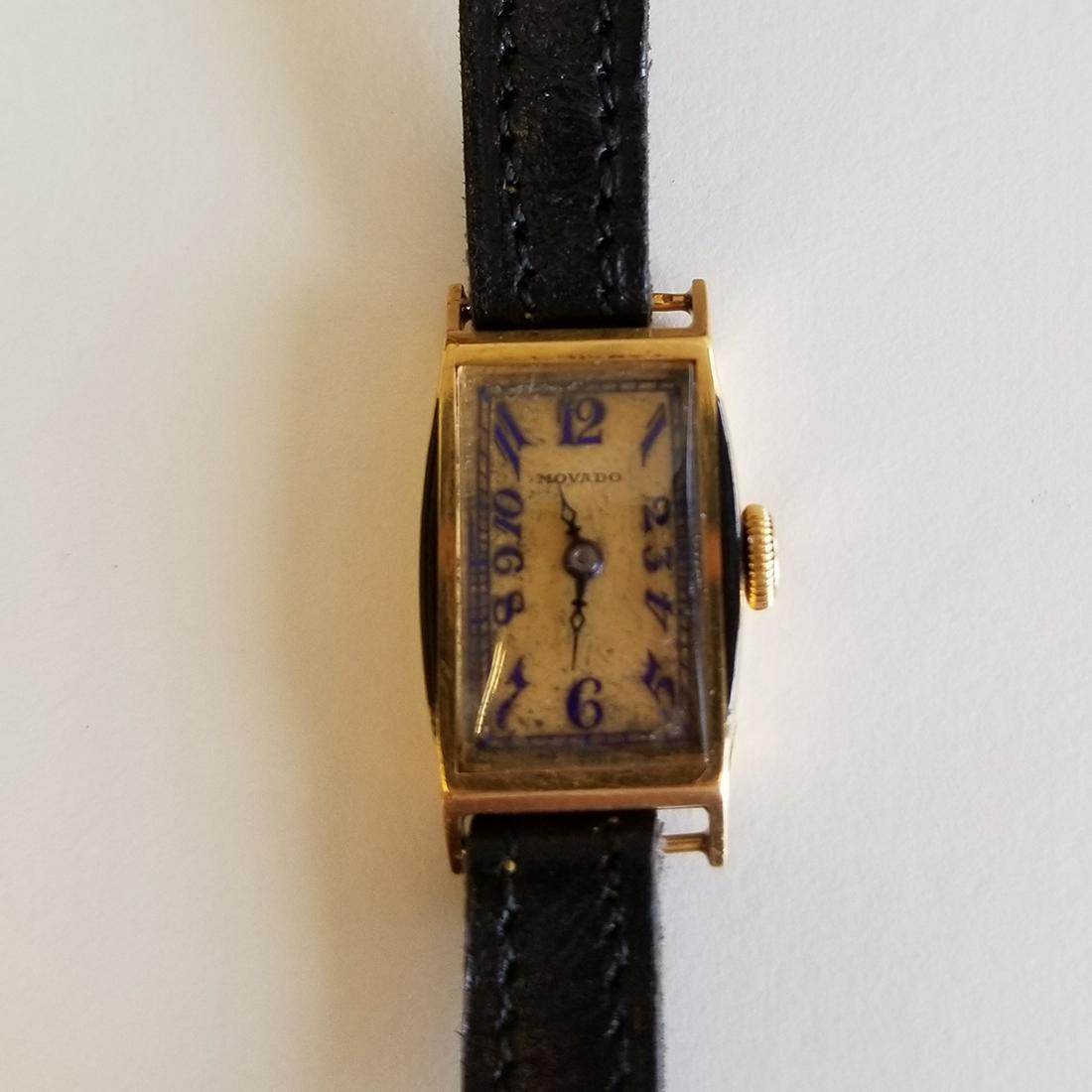 Ladies Art Deco Movado Enamel, 18k Yellow Gold, Leather (1 of 1)