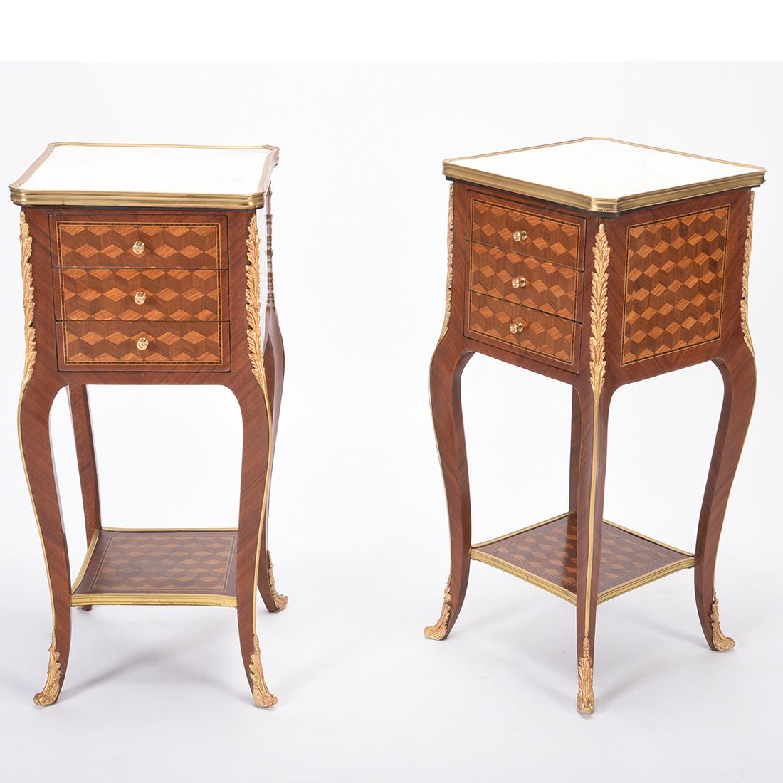 Pair of Louis XV Style Marquetry Nightstands.: Pair of Louis XV Style Marquetry Nightstands. White marble top with gilt bronze surround, three drawers, cabriole legs, checkered marquetry pattern throughout, gilt bronze accents. {Approximate dimens
