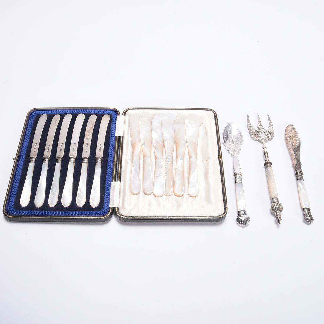 Six Mother of Pear Caviar Spreaders, Together with a: Six Mother of Pear Caviar Spreaders, Together with a Cased Set of Knives and Serving Set