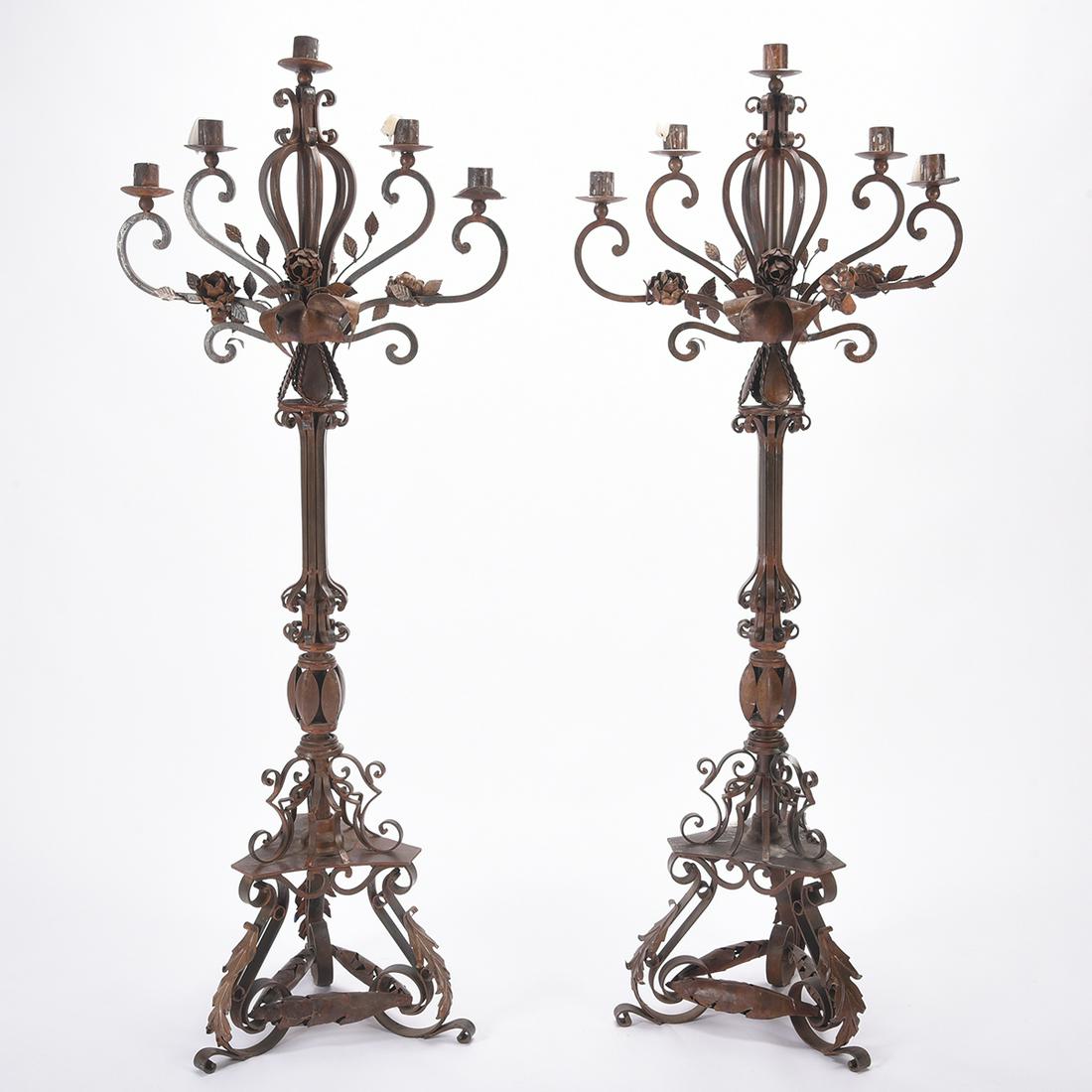 Spanish Wrought Iron Five Light Torchiere Pair. (1 of 2)