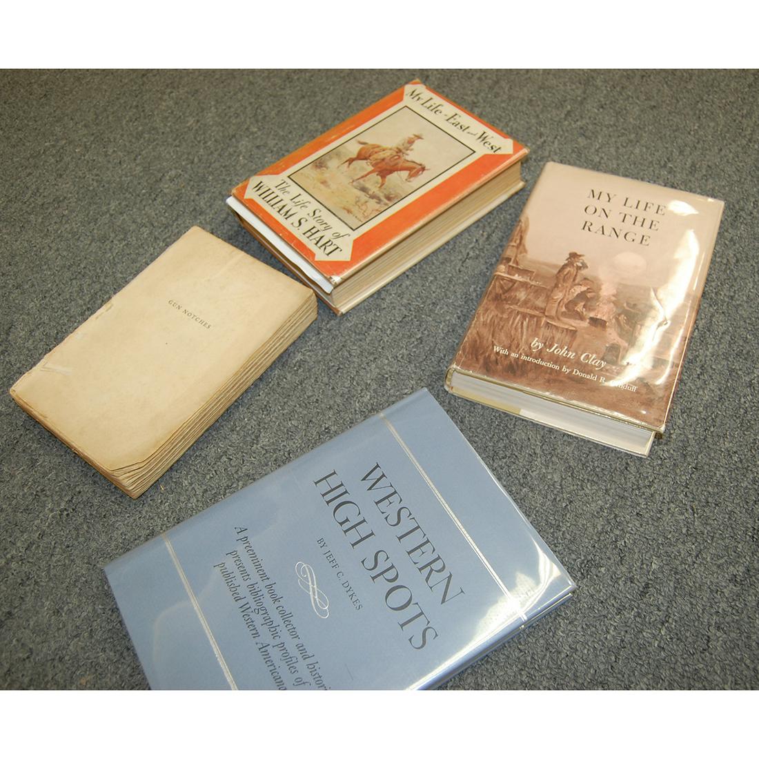 Four Books, Including Gun Notches by Captain T.H.: Four Books, Including Gun Notches by Captain T.H. Rynning (Poor Condition), My Life East and West by William S. Hart, My Life on the Range by John Clay, and Western High Spots by Jeff C. Dykes.