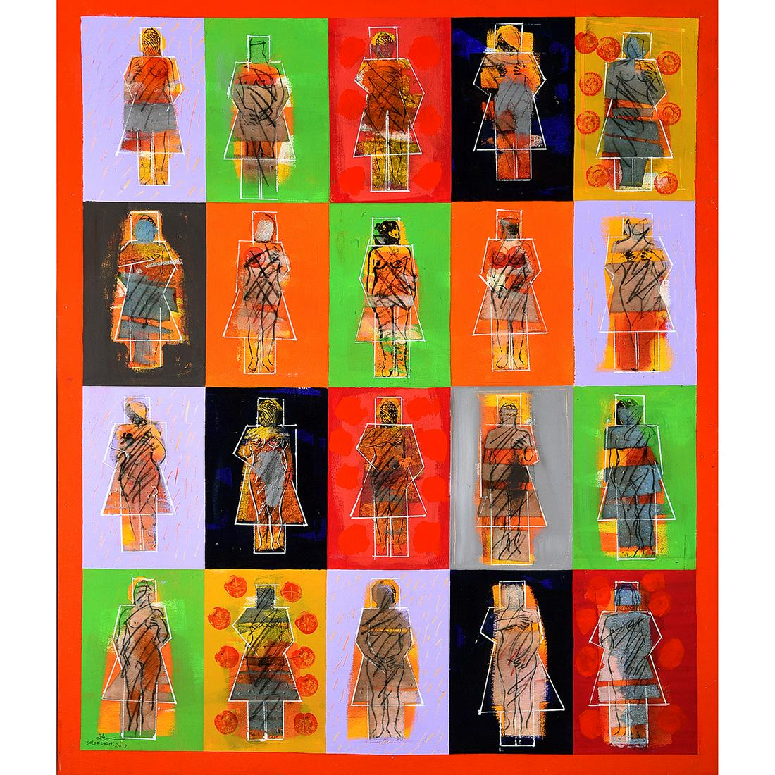 Salam Omar "Untitled" mixed media: SALAM OMAR (Iraqi 20th century) "Untitled" Mixed media on canvas. 50 1/2 x 42 1/2 inches; Frame: 60 1/2 x 52 1/2 inches. Signed and dated lower left: Salam Omar 2012.