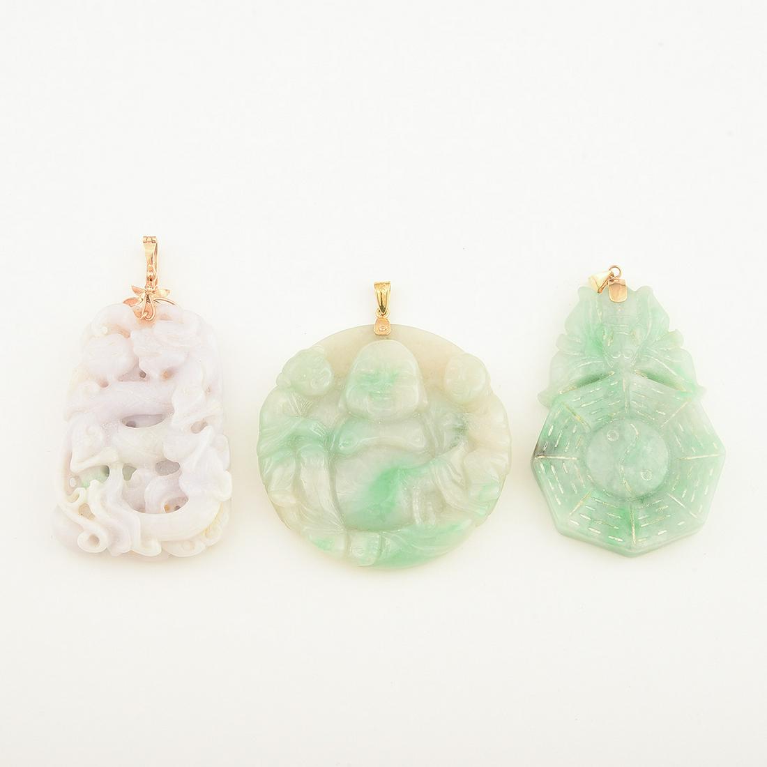 Collection of Three Jade, 14k Yellow Gold Pendants. (1 of 1)
