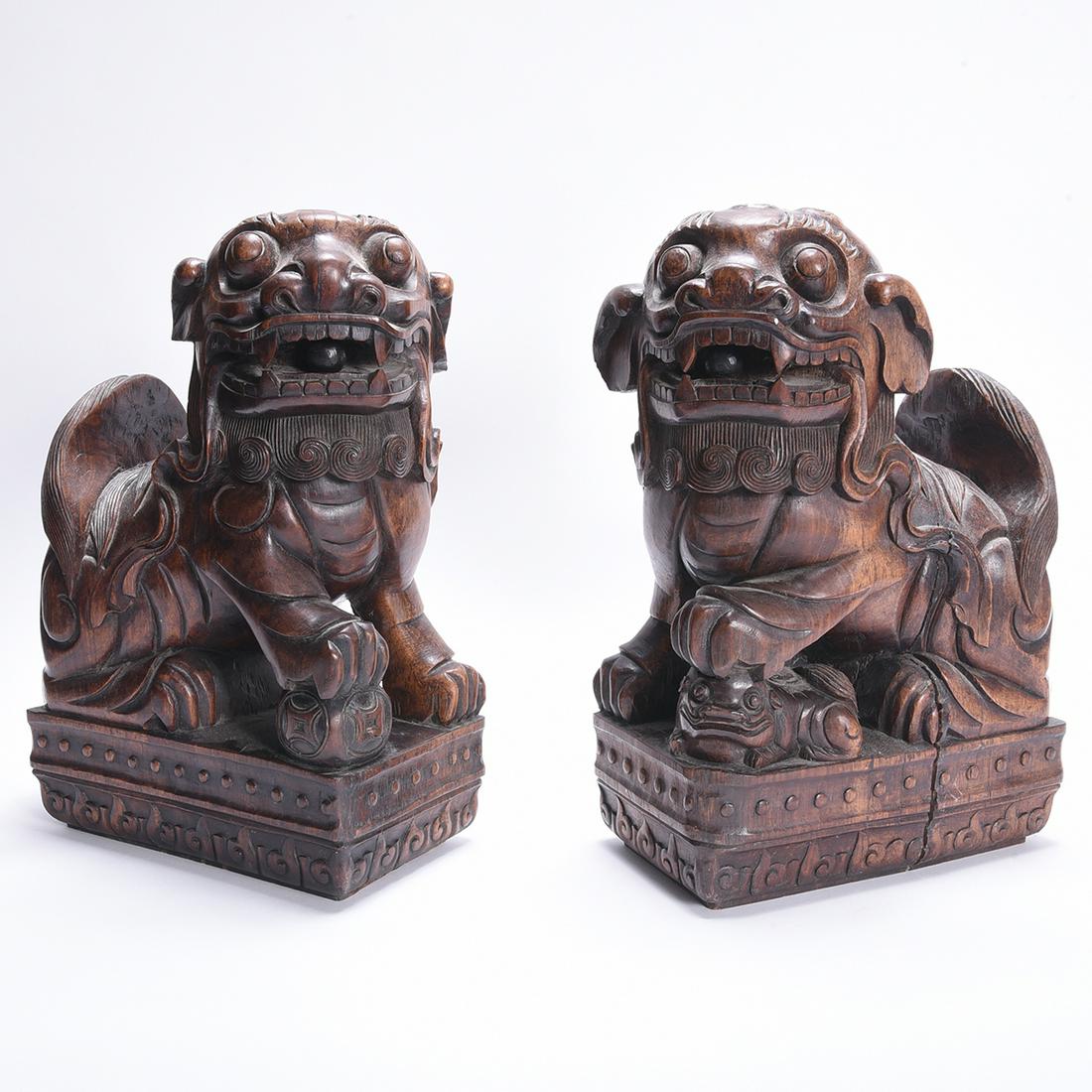 Pair of  Chinese Wood Carved Foo Dog Statues. (1 of 1)