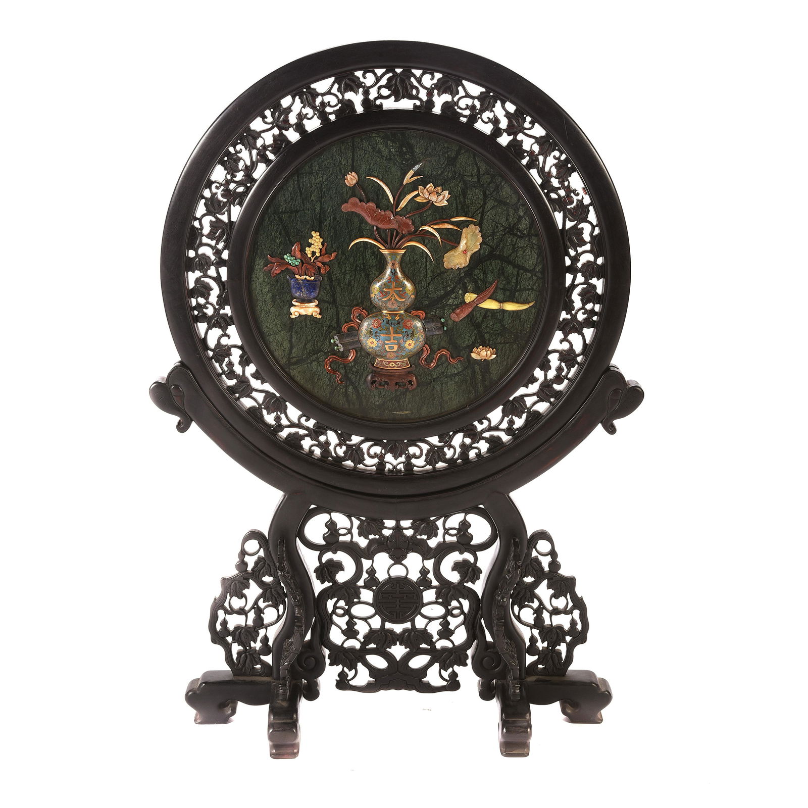 Large Chinese Carved Inlaid Circular Screen on Stand (1 of 2)