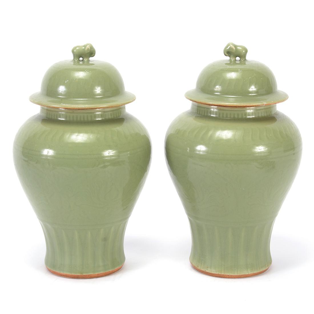 Pair of Chinese Celadon Porcelain Jars with Covers. (1 of 2)