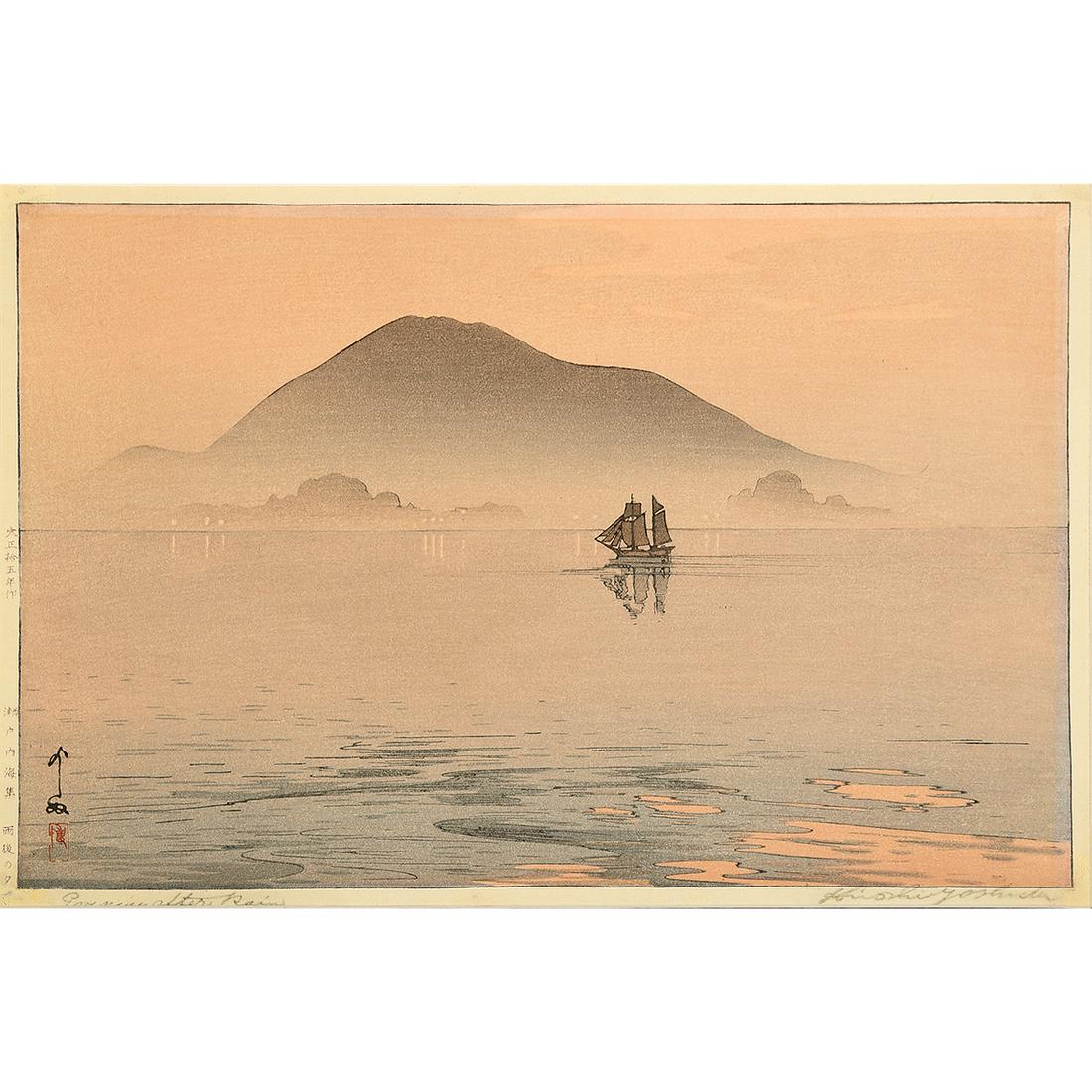 Hiroshi Yoshida "Evening After Rain" color woodblock: Hiroshi Yoshida "Evening After Rain" color woodblock print framed Size of the print: approximately 15 1/2 inches x 10 1/4 inches.