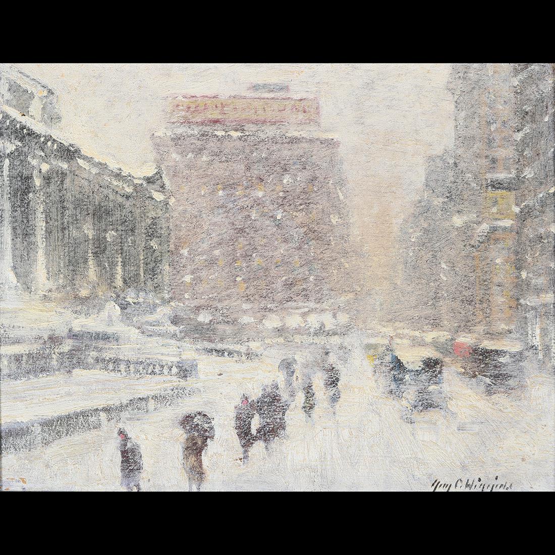 Guy Wiggins "City Storm" oil on board: GUY CARLETON WIGGINS (American 1883-1962) City Storm Oil on panel 8 x 10 inches / 20.32 x 25.4 cm Signed lower right: Guy C. Wiggins. Signed dated and titled verso: Guy Wiggins, 1918, City Storm