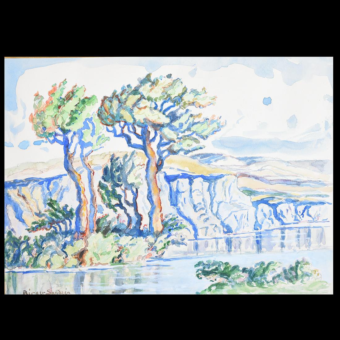 Birger Sandzen "Landscape" watercolor: BIRGER SANDZâ€¦N (American 1871-1954) Canyon Landscape Watercolor and gouache on paper Sheet: 11 x 14 7/8 inches / 27.94 x 37.78 cm Signed lower left: Birger SandzÃˆn CONDITION: In overall good 