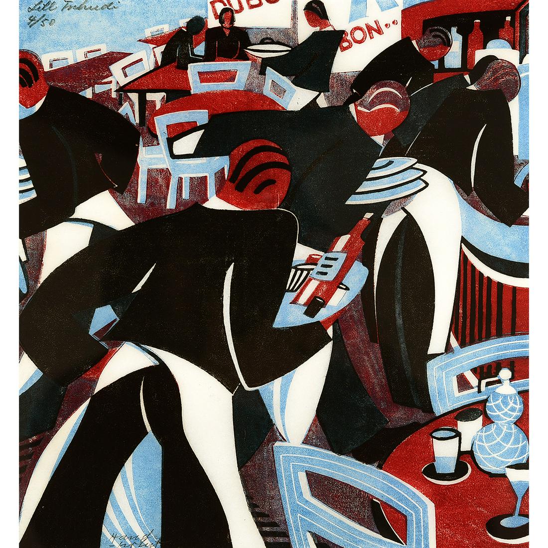 Lill Tschudi "Waiters" linocut: LILL TSCHUDI (Swiss 1911-2004) Waiters Linocut on white mulberry paper Block: 11 3/8 x 10 3/4 inches / 28.89 x 27.31 cm Sheet: 13 3/4 x 11 1/8 inches / 34.93 x 28.25 cm Signed and numbered upper left