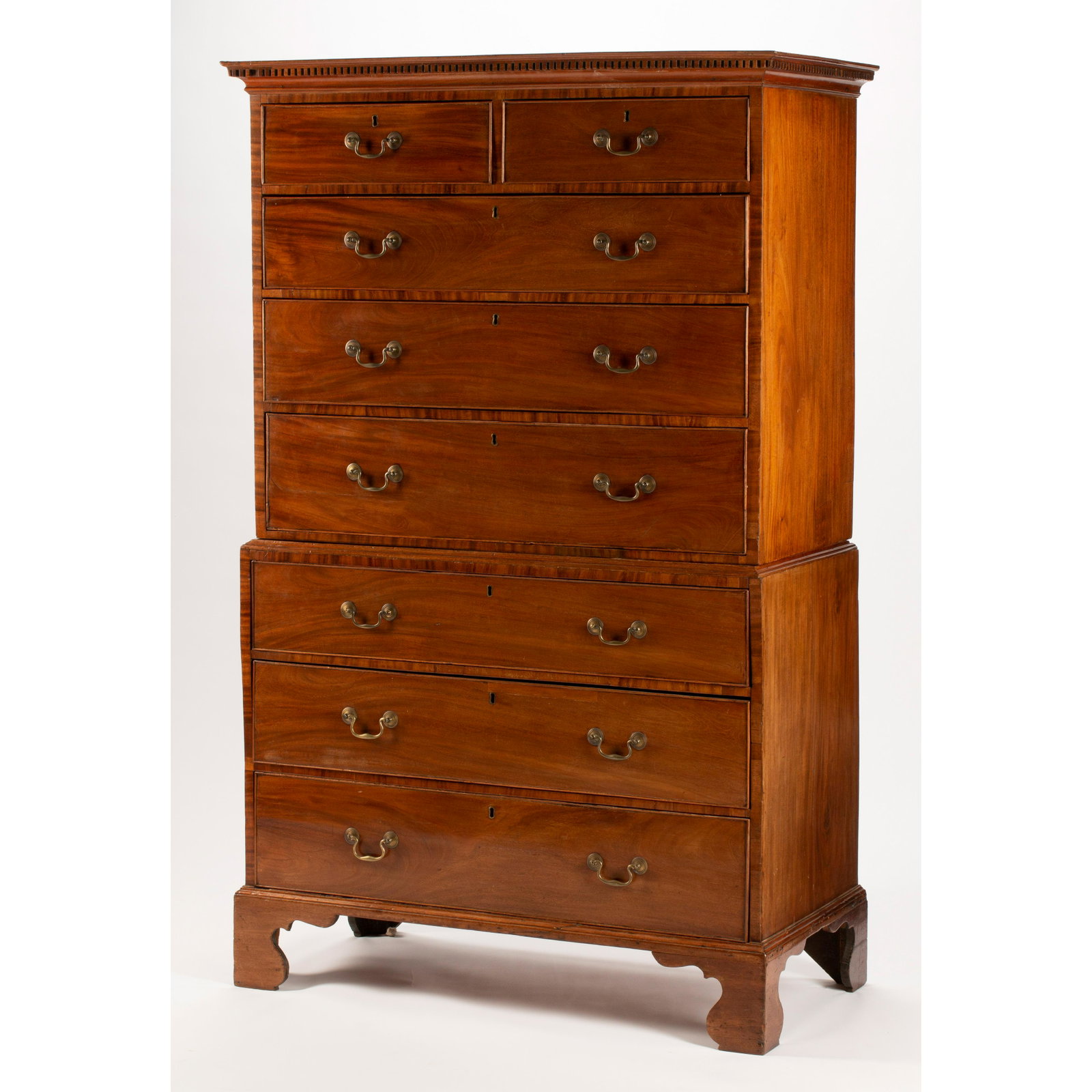 18th Century George III Mahogany Chest on Chest.: 18th Century George III Mahogany Chest on Chest. Mahogany and mahogany veneer upper section two short over three long under carved flat-top; lower section three long over ogee bracket feet. Not marked
