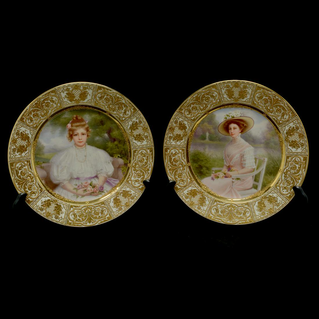 Pair of Fine German Vienna-Style Porcelain Portrait: Pair of Fine German Vienna-Style Porcelain Portrait Plates by Wagner, Princess Victoria Louise and Thalia. _x000B_ Hans Wagner (1885-1953). Painted with seated portraits of Princess Victoria Louise an