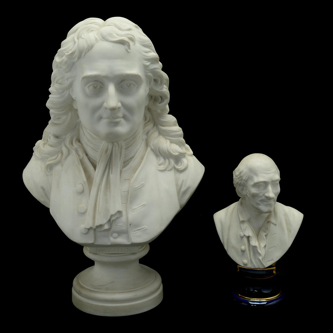 Two Sevres Porcelain Biscuit Busts: Newton and: Two Sevres Porcelain Biscuit Busts: Newton and Voltaire, Late 19th Century. The Newton bust is all white, while the Voltaire bust has a cobalt glazed and parcel-gilt pedestal. Newton bust marked with 