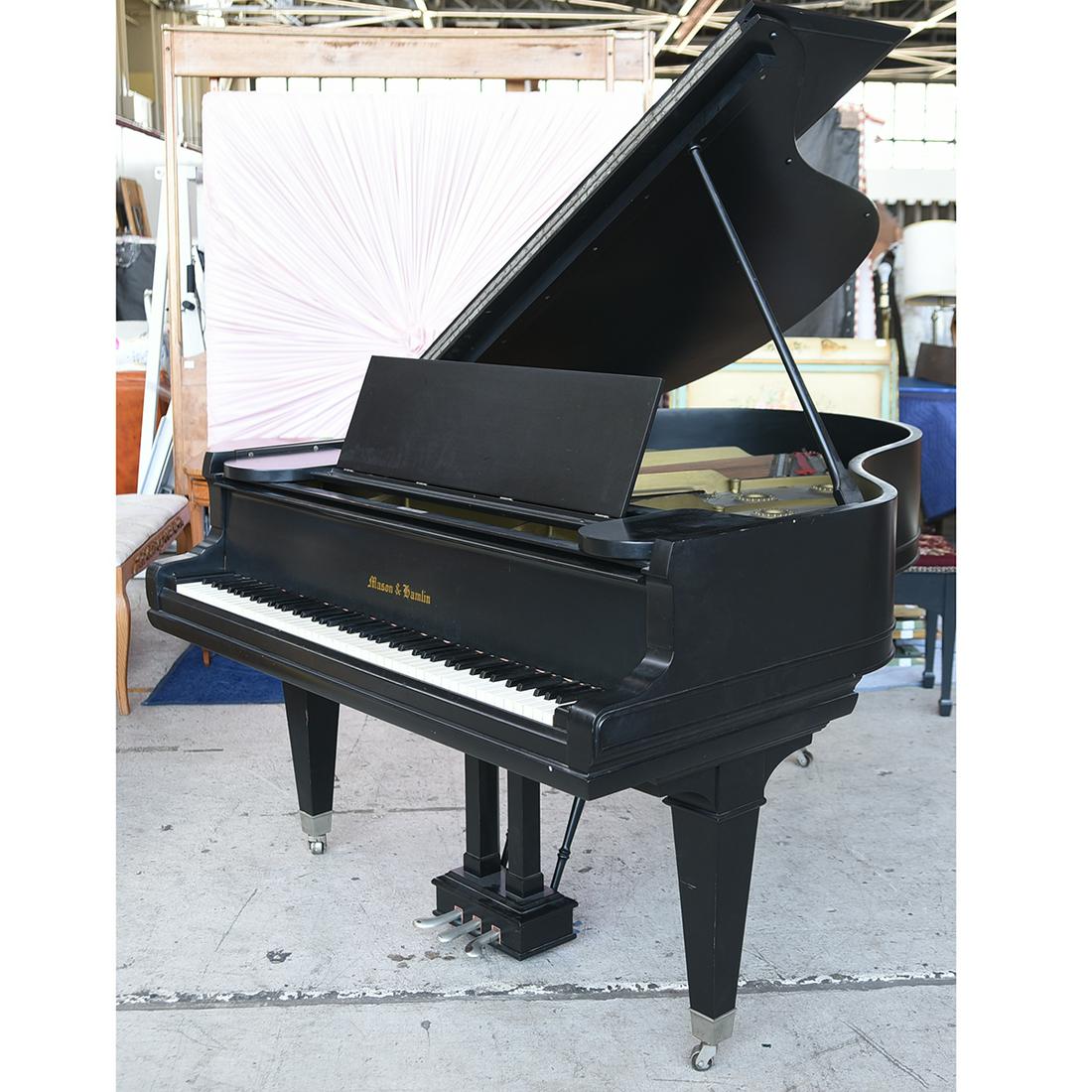 Mason & Hamlin AA Ebonized Concert Grand Piano and: Mason & Hamlin AA Ebonized Concert Grand Piano and Needlepoint Upholstered Bench. Mason & Hamlin Patent Tension Resonator Grand AA/X 300379 PAT Oct 2 1900 / Mason & Hamlin Boston Centripetal Tension R