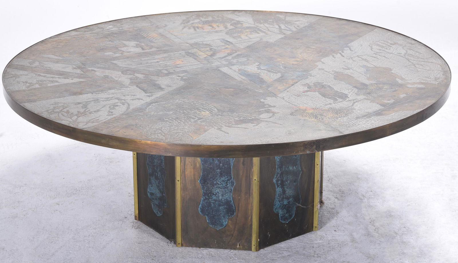 Philip and Kelvin Laverne Round Coffee Table "Chan": Philip and Kelvin Laverne Round Coffee Table "Chan" Philip (1907-1987) and Kelvin (b. 1937) LaVerne. The top acid etched and engraved in polychrome enamels in a complex Chinoiserie design. The shaped