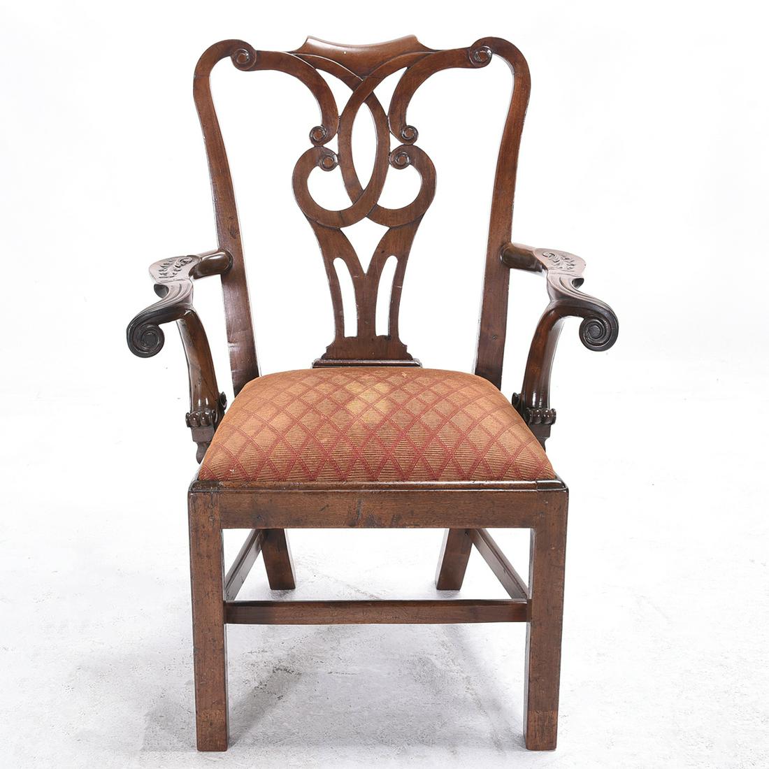 George III Armchair with Carved Splat and Arms.: George III Armchair with Carved Splat and Arms Splat and arms with scrolled carving, gold and red pattern upholstered seat. Late 18th century. {Approximate dimensions: 40 high x 28 wide x 24 inches de