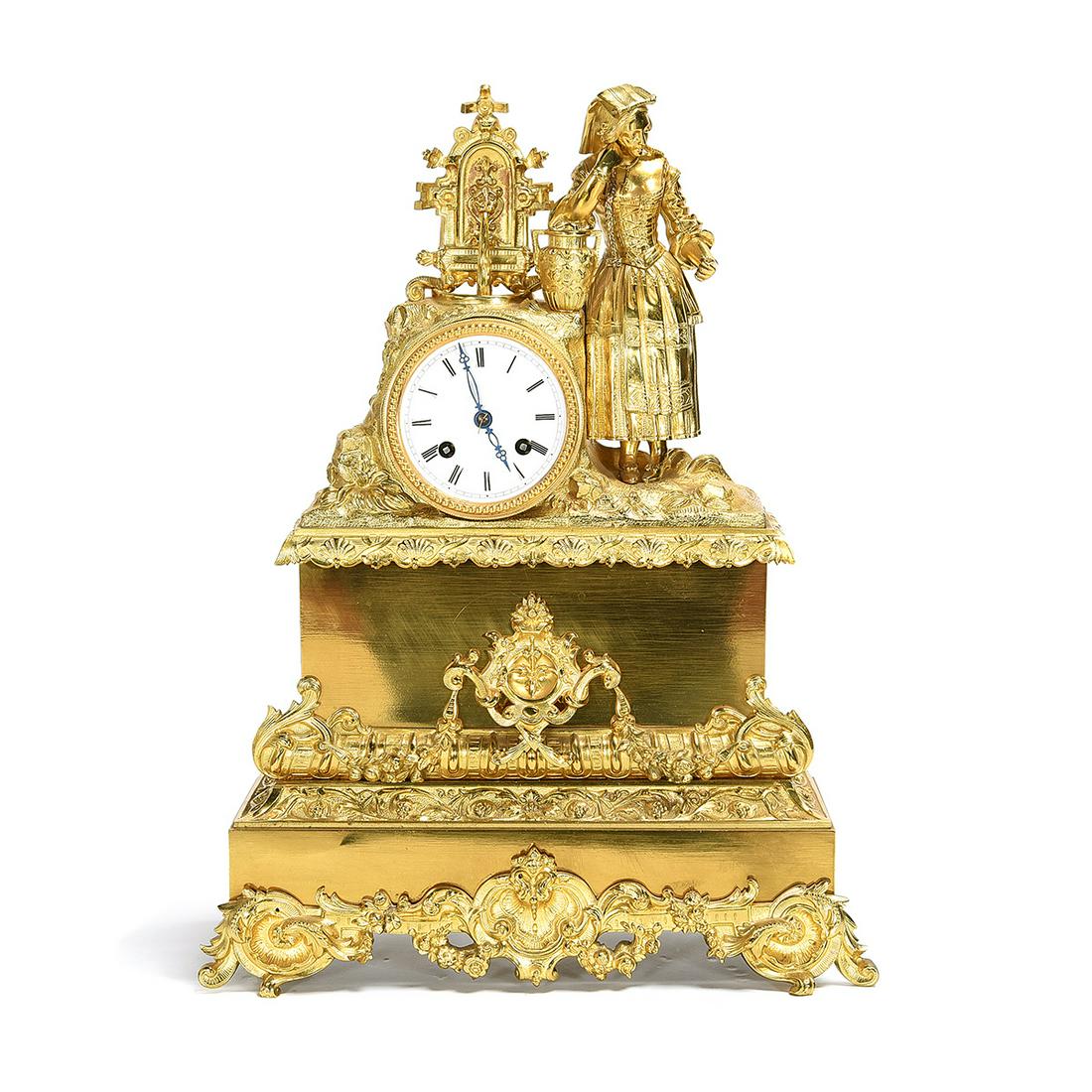 French Neoclassical Dore Brass Figural Mantle Clock, (1 of 1)