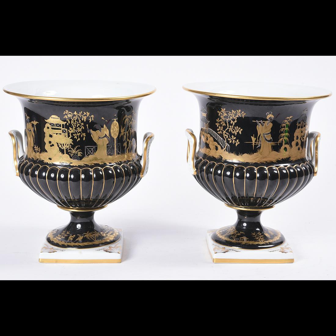Pair of Le Tallec, Porcelain Handgilt Vases for Tiffany: Pair of Le Tallec, Porcelain Handgilt Vases for Tiffany & Co. The Neoclassical-style, black-ground, campana-shaped vases with u-shaped handles to the sides, painted with a broad band of gilt Chinoiser