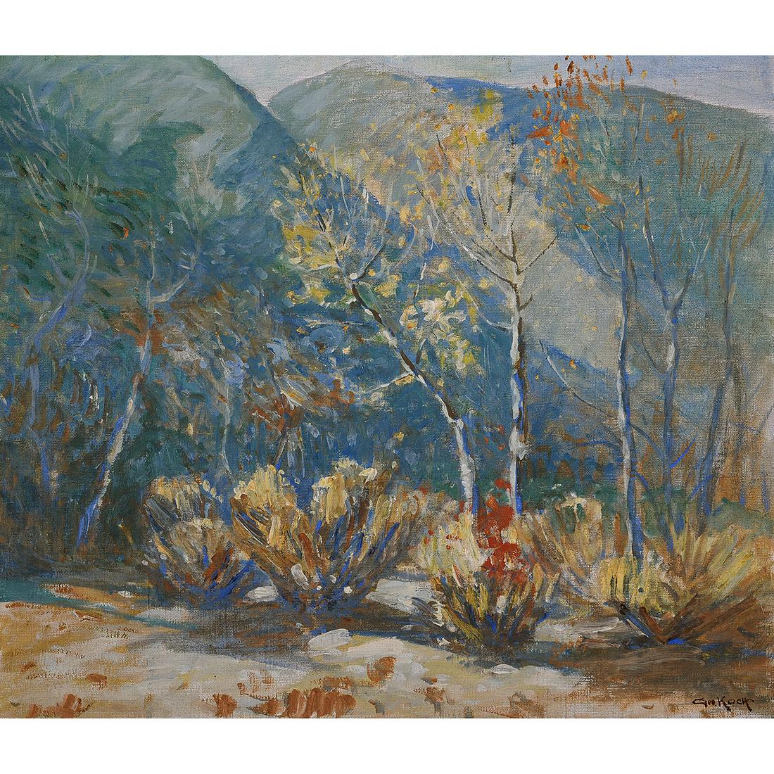 George Koch "Desert Scene" oil on canvas: GEORGE JOSEPH KOCH (American 1884-1951) "Desert Scene" Oil on canvas. 30 1/4 x 35 1/8 inches; Frame: 33 1/2 x 38 1/4 inches. Signed lower right: Geo. Koch.