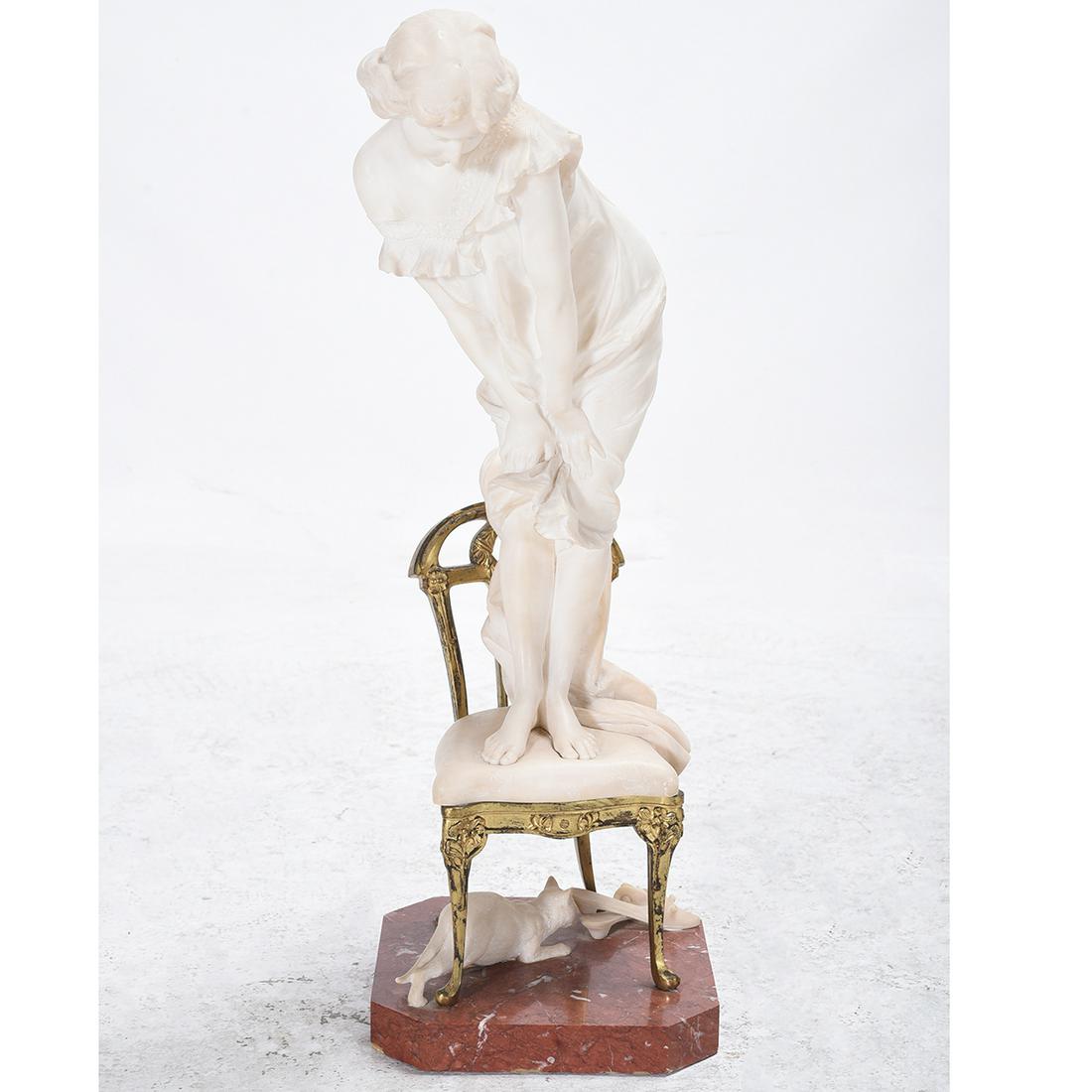 Vitorio Caradossi "Lady standing on a Chair" alabaster: VITTORIO CARADOSSI (Italian 1861-1909) "Lady standing on a Chair" Alabaster and bronze on a granite base. Including base: 24 x 9 x 8 1/4 inches. Signed on the fabric on chair: V. Caradossi.