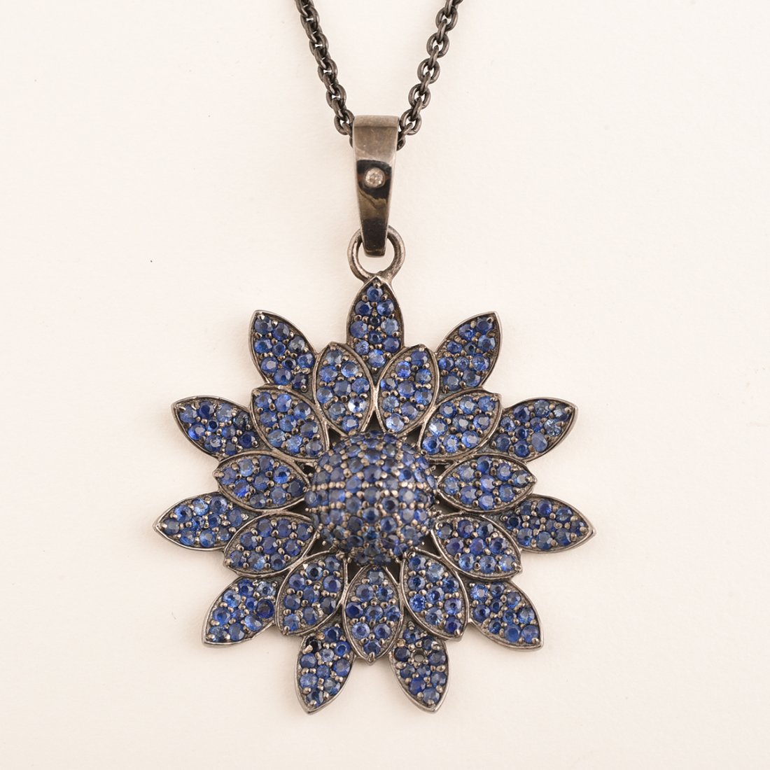 Sapphire, Diamond, Sterling Silver Flower Pendant (1 of 1)