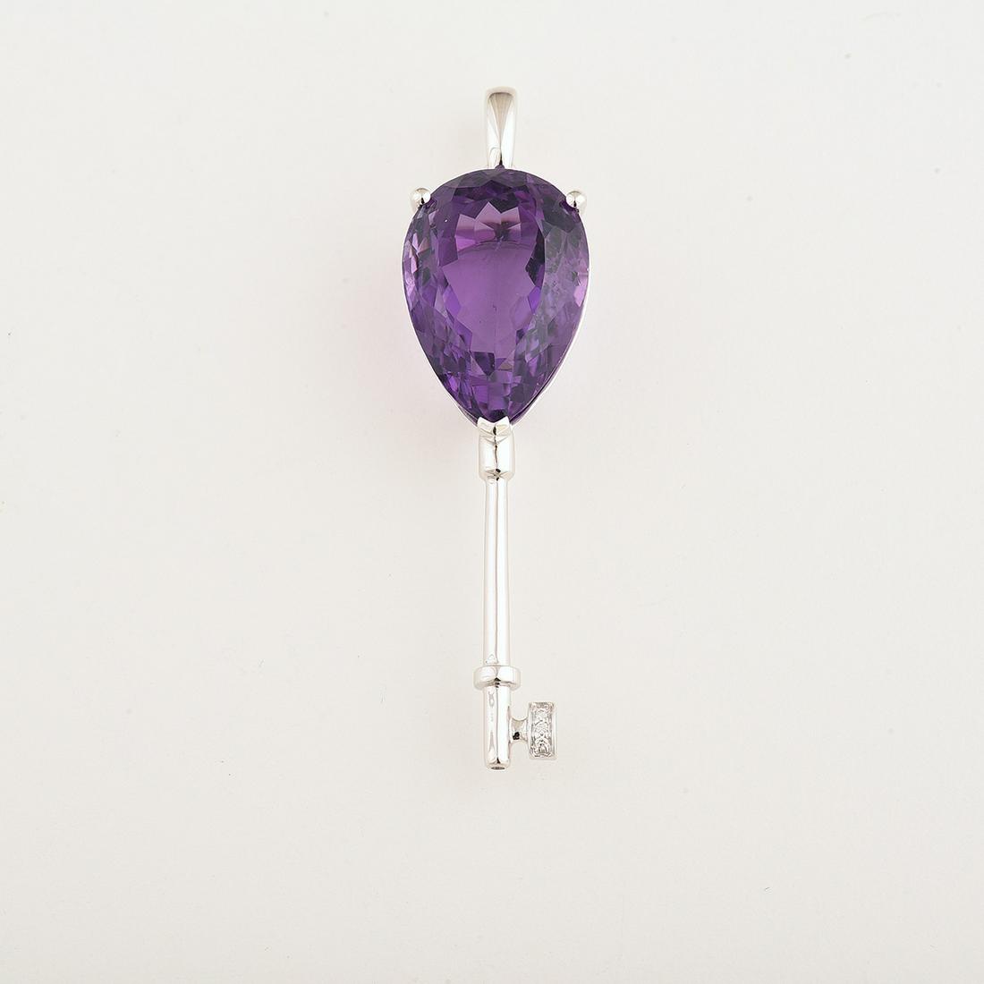 Amethyst, Diamond, 14k White Gold Key Pendant. (1 of 1)