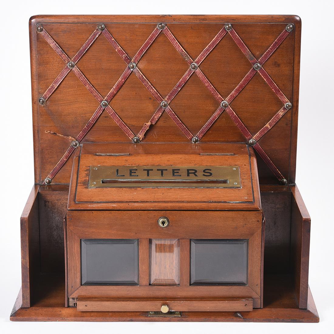 Victorian Mahogany and Brass Stationery and Wall: Victorian Mahogany and Brass Stationery and Wall Mounted Mail Box. The central rectangular letter box with brass LETTERS placard to top of angled, hinged lid, with glazed door under lock, and brass pu