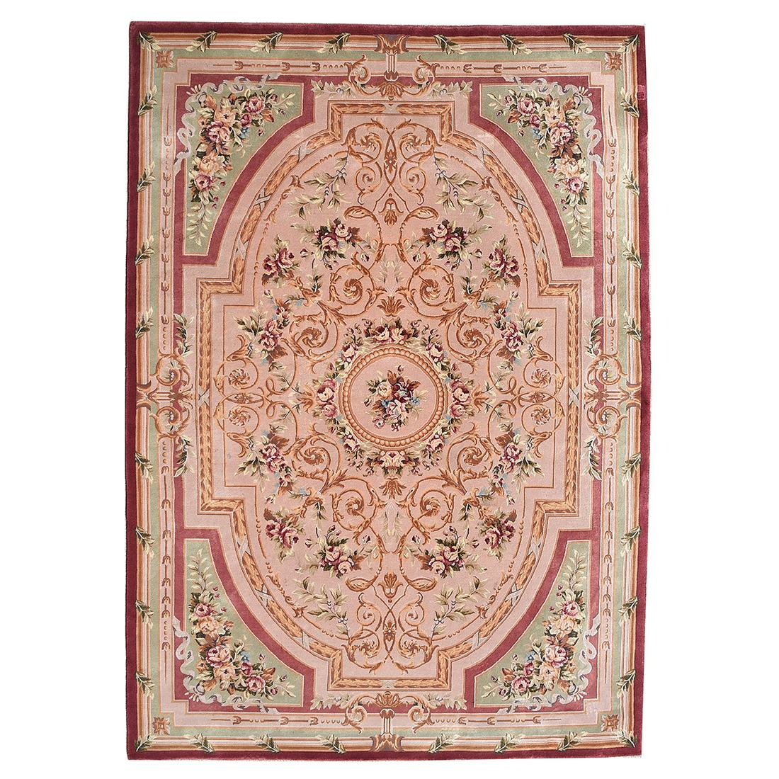 Aubusson Carpet.: Aubusson Carpet. Floral motif on a beige ground with pale green spandrels, maroon border. {Approximate dimensions: 13 feet 9 inches x 9 feet 7 inches.}. Condition: A few small stains.