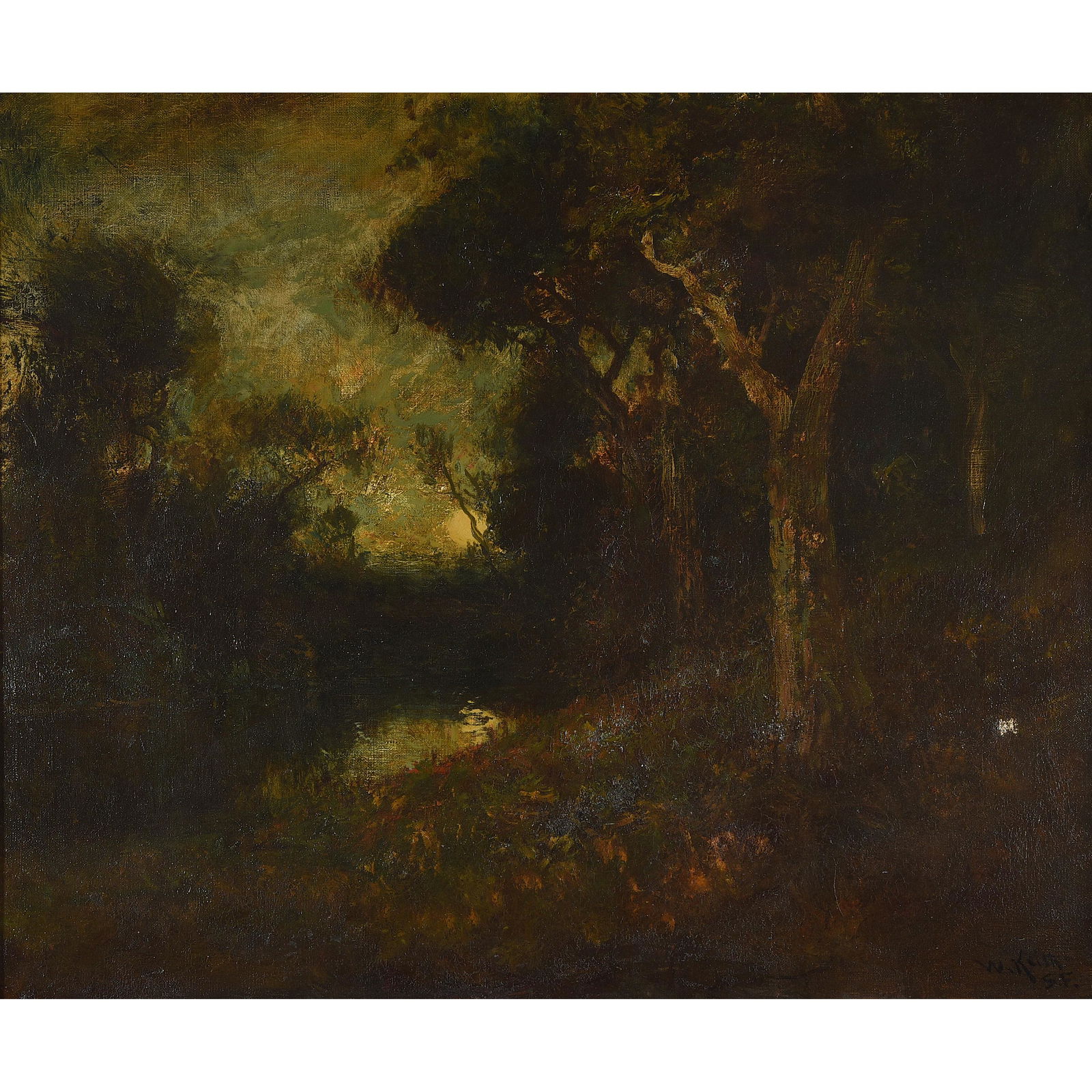 William Keith "Pond Amongst Trees" oil on canvas: WILLIAM KEITH (American 1838-1911) "Pond Amongst Trees" Oil on canvas. 25 x 30 inches; frame: 41 x 36 inches. Signed lower right: W. Keith S.F. INSCRIPTIONS: Annotated verso: Property of H. H. Hart. C