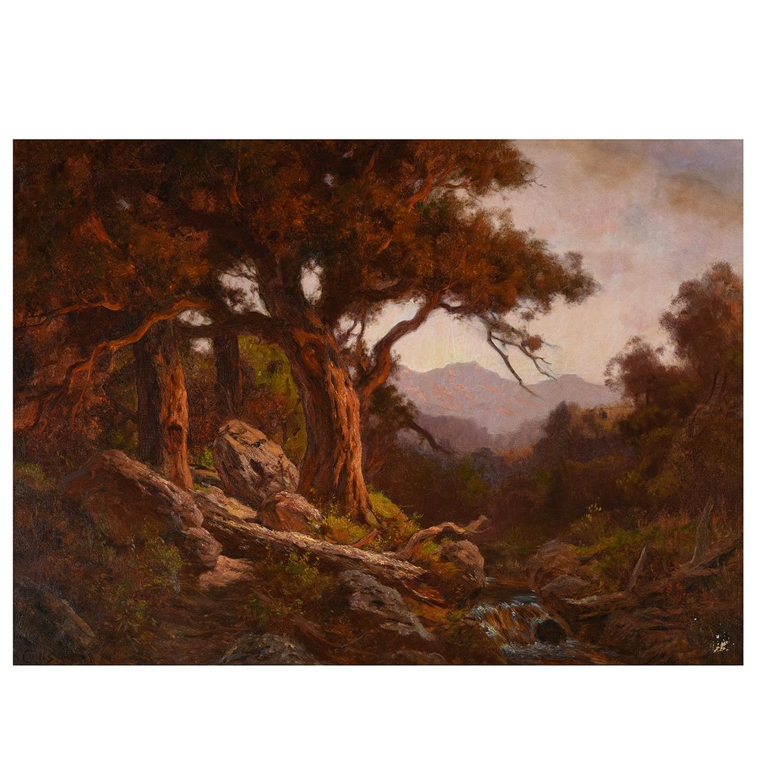 Gordon Coutts "Forest Stream" oil on canvas: GORDON COUTTS (American 1868-1937) "Forest Stream" Oil on canvas. 30 1/4 x 40 1/4 inches; Frame: 35 1/2 x 45 1/4 inches. Signed lower left: Gordon Coutts; faint illegible writing on the back of the ca