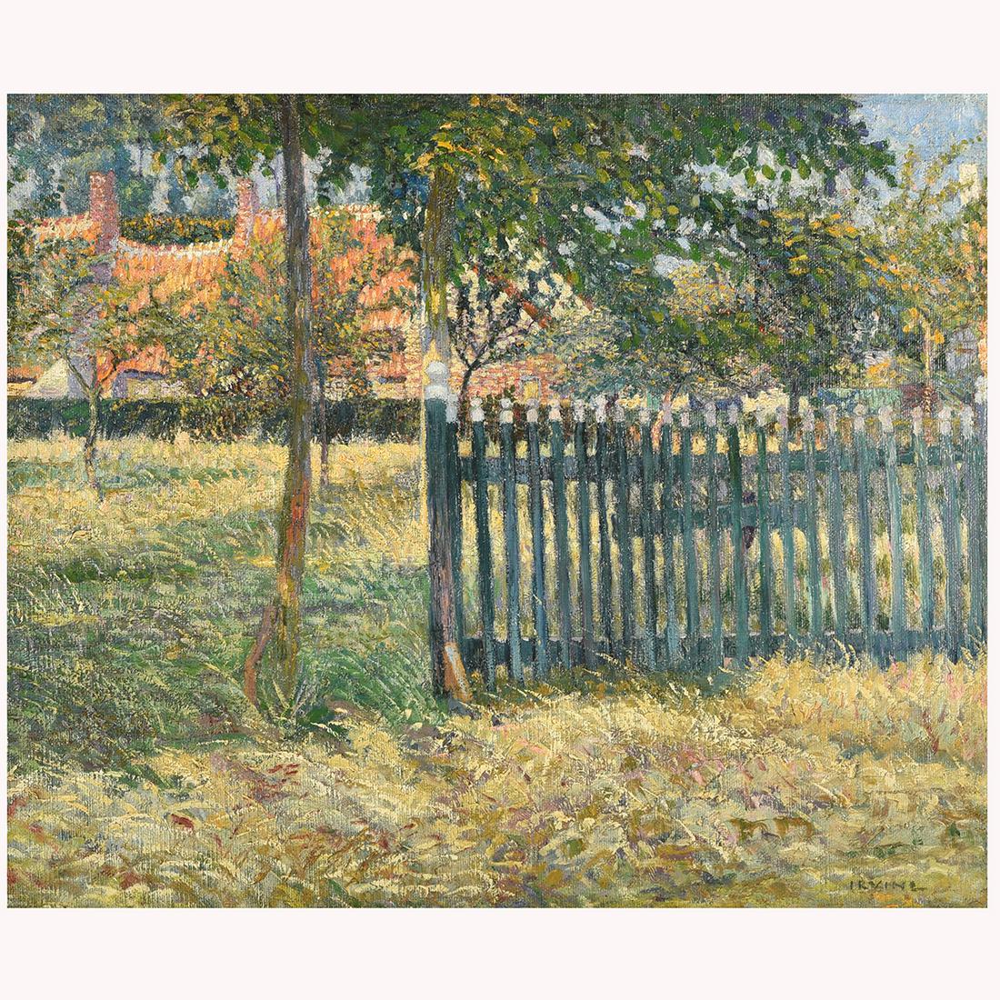 Wilson Irvine "Landscape with fence" oil on canvas: WILSON IRVINE (American 1869-1936) "Landscape with Fence" Oil on canvas. 18 1/4 x 21 5/8 inches. Signed lower right: Irvine.