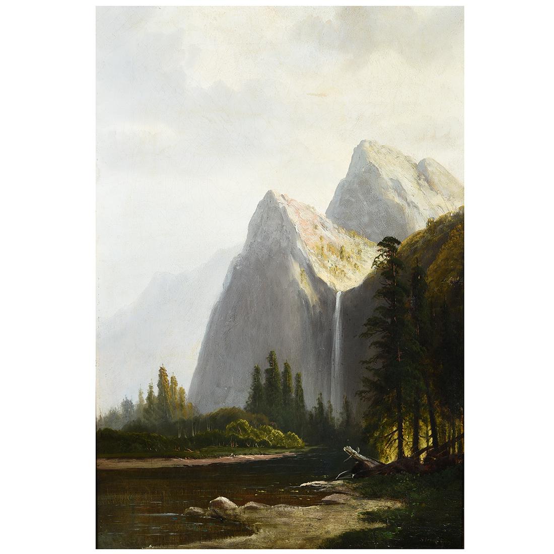 Attrib. to Meyer Straus "The Falls" oil on canvas: Attributed to MEYER STRAUS (American 1831-1905) "The Falls" Oil on canvas. 30 x 20 inches; Frame: 42 1/4 x 32 inches. Bears signature and date lower right: Straus 1880.