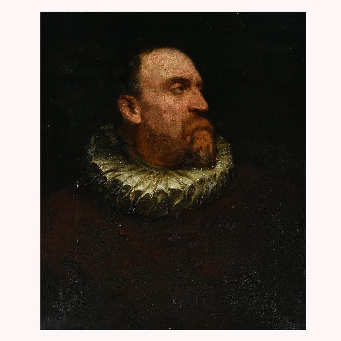 Walter Shirlaw "Bavarian Nobel" oil on canvas: WALTER SHIRLAW (American 1838-1909) "Portrait of a Bavarian Noble" Oil on canvas. 27 x 22 1/8 inches. Faintly signed lower left: W. Shirlaw; label verso with artist attribution, title and date: "Bavar