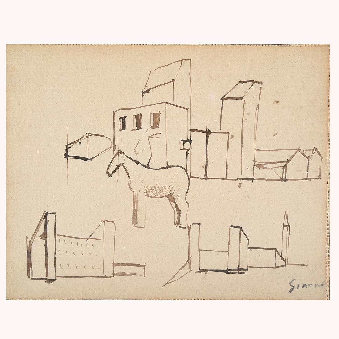 Mario Sironi "Futuristic Composition" watercolor and: MARIO SIRONI (Italian 1885-1961) "ComposiciÃ›n Futurista" (Futuristic Composition) Watercolor and ink on paper laid on canvas. 8 x 10 inches; Frame: 15 5/8 x 17 7/8 Signed lower right: Sironi; anno