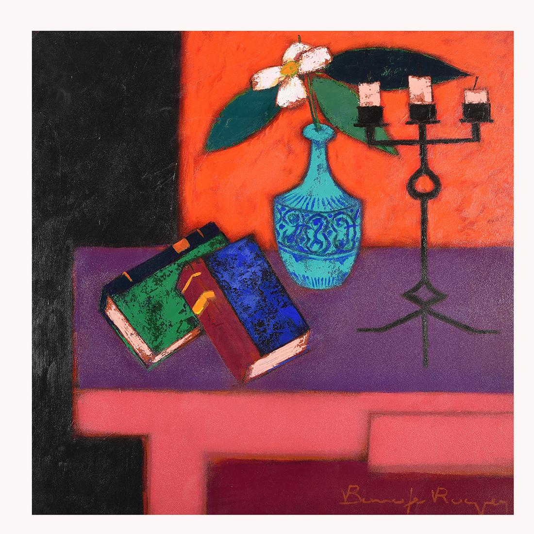 Roger Bonafe "Le Chandelier" oil on canvas: ROGER BONAFE (French b. 1932) "Le Chandelier" Oil on canvas. 23 3/4 x 23 3/4 inches. Signed lower right: Bonafe Roger; titled and sized verso: Le Chandelier / Bonafe Roger.