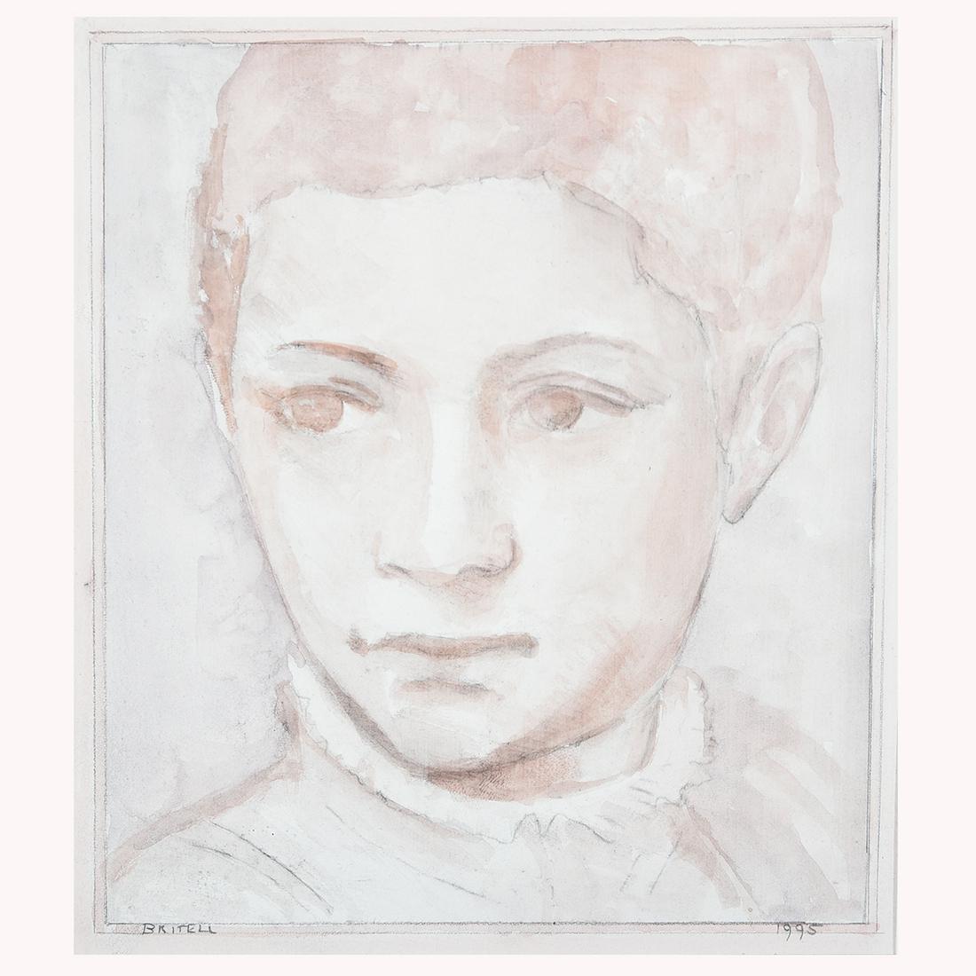 Richard Britell "Portrait of Young Boy" mixed media on: RICHARD BRITELL (American b. 1944) "Portrait of a Young Boy" Mixed media on paper. Sight: 6 5/8 x 5 3/4 inches; Frame: 16 1/2 x 14 5/8 inches. Signed lower left: Britell; dated lower right: 1995.