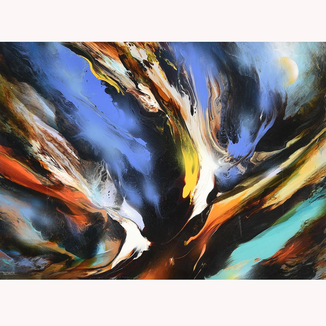 Leonardo Nierman "Meditacion Cosmica" oil on masonite: LEONARDO NIERMAN (Mexican / American b. 1932) "Meditacion Cosmica" Oil on masonite. 35 3/4 x 48 1/2 inches. Signed lower left: Nierman; Titled verso: Meditacion Cosmica.