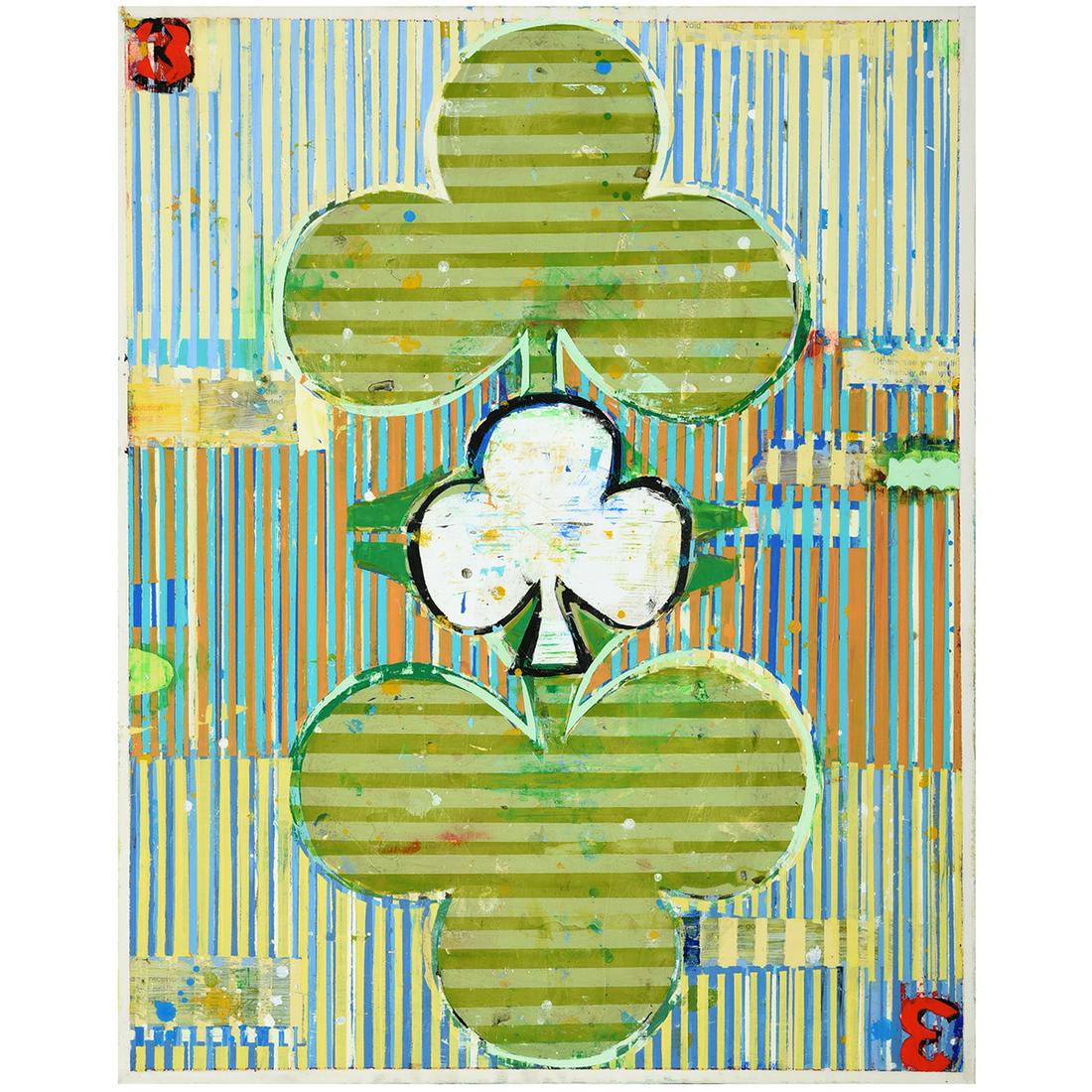 Kim Frohsin "To be in Clover (Three of Wands)" mixed: KIM FROHSIN (American b. 1961) "To Be in Clover (Three of Wands)" Acrylic, ink, collage, high gloss on 8 ply archival board. 14 1/4 x 11 1/4 inches; Frame: 14 3/4 x 11 7/8 inches. Titled, dated and si