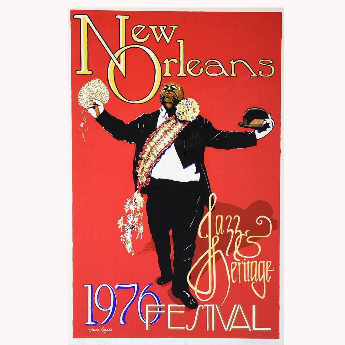 Maria Laredo "1976 New Orleans Jazz and Heritage: MARIA LAREDO (American 20th century) "1976 New Orleans Jazz and Heritage Festival" Serigraph poster. Image: 31 3/4 x 19 7/8 inches; Sight: 31 x 21 inches; Frame: 39 1/2 x 26 3/8 inches. Signed in penc
