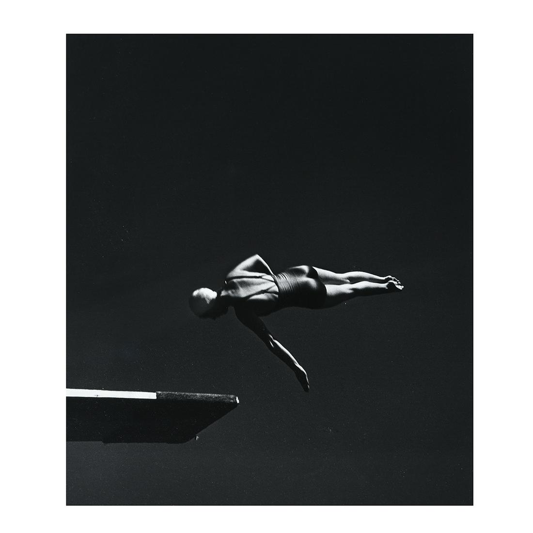 John Gutmann "Class, Olympic high dive Champion" silver: JOHN GUTMANN (American / German 1905-1998) "Class, Olympic High Diving Champion Marjorie Gestring" Gelatin silver print/ later printing. 14 x 11 inches; Frame: 21 1/8 x 18 inches. Signed, titled and d