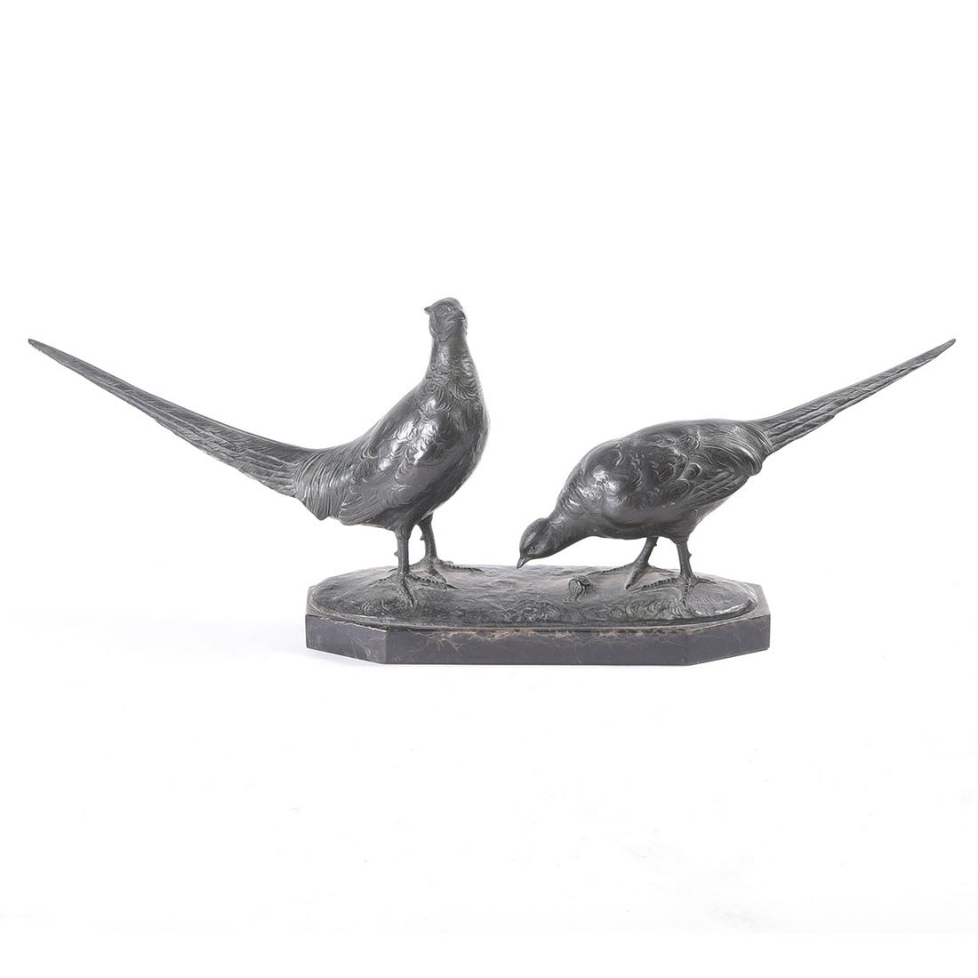 After Otto Poertzel "Two Pheasants" bronze: After OTTO POERTZEL (German 1876-1963) "Two Pheasants" Bronze. 11 3/4 x 32 x 6 1/2 inches. Bears signature on the base: Prof. Poertzel.
