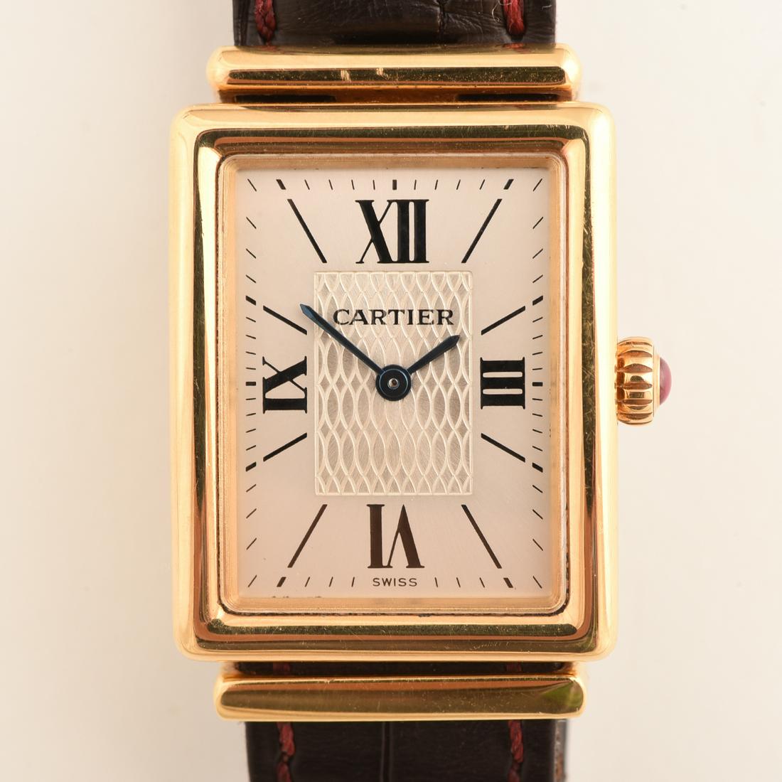 Cartier Driver's 18k Yellow Gold, Leather Limited Edt.: Cartier Driver's 18k Yellow Gold, Leather Limited Edition Privee Collection Wristwatch - Ref. No. 2270. DIAL: Rectangle, textured silver, black Roman numeral and index hour markers, black outer minute