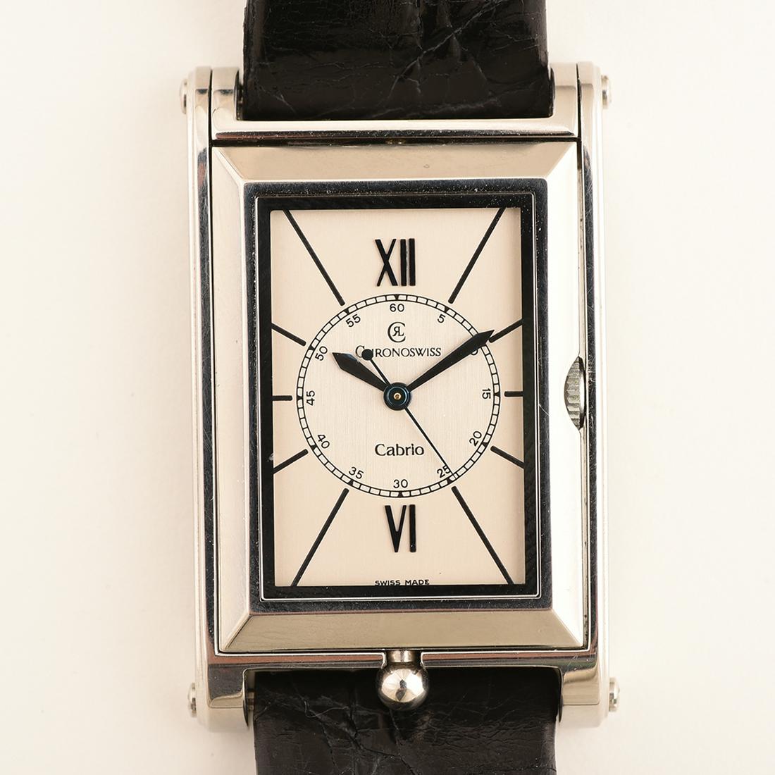 Chronoswiss Cabrio Stainless Steel, Leather Wristwatch.: Chronoswiss Cabrio Stainless Steel, Leather Wristwatch. DIAL: Rectangle, silver, blued Roman numeral and black index hour markers, black inner minutes track, black inner five second Arabic markers, bl