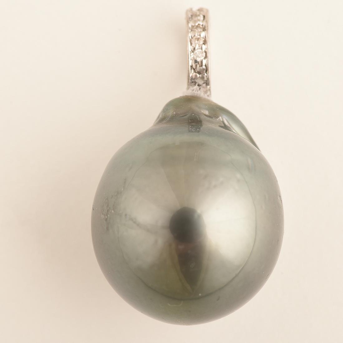 Tahitian Cultured Pearl, Diamond, 18k White Gold: Tahitian Cultured Pearl, Diamond, 18k White Gold Pendant. Featuring one Tahitian cultured pearl measuring approximately 14.7 mm, accented by fifteen full-cut diamonds weighing a total of approximately