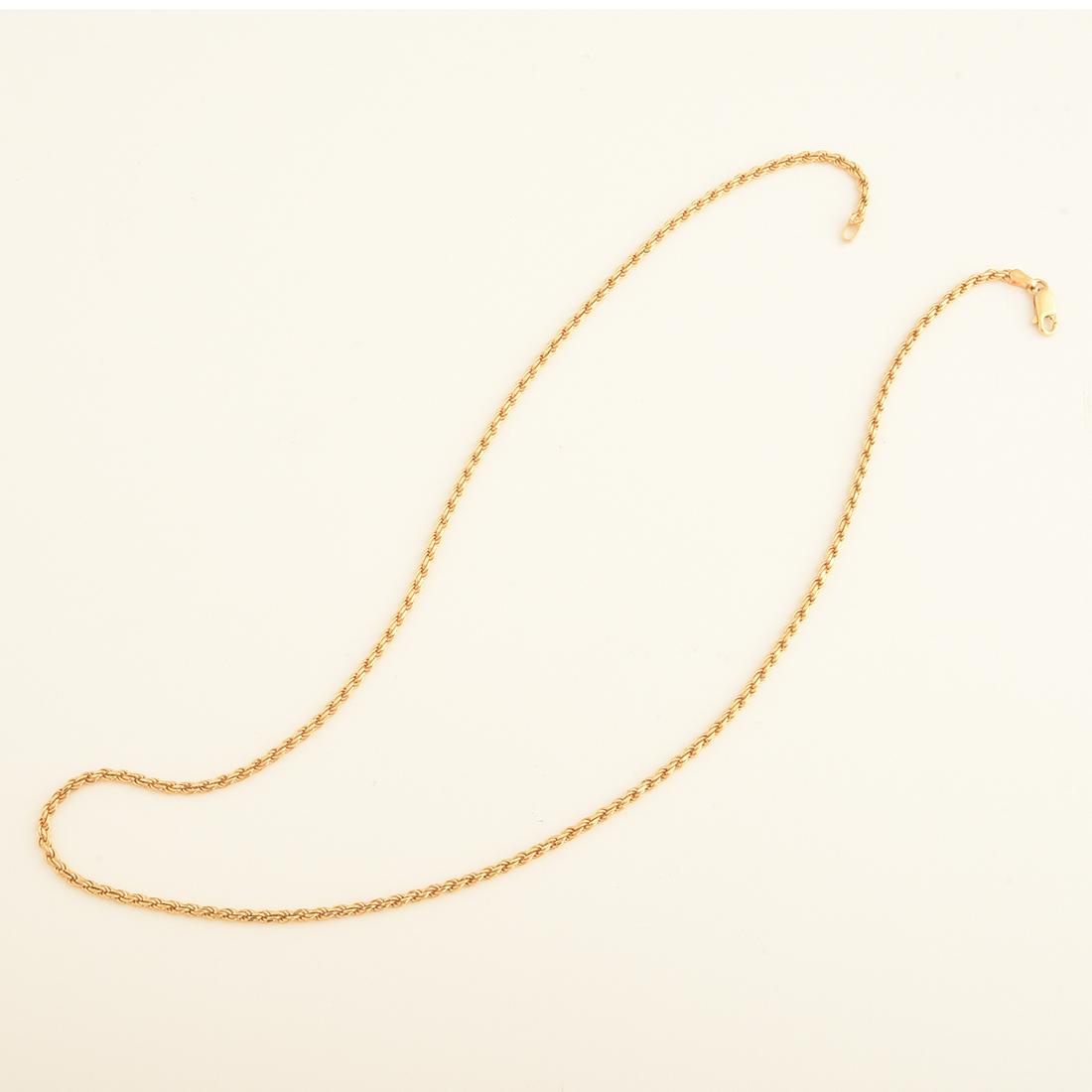 18k Yellow Gold Neck Chain.: 18k Yellow Gold Neck Chain. The 18k yellow gold rope link measuring approximately 2 mm in width, completed by a lobster claw clasp, forming a 19 1/2 inch neck chain. {Gross Weight: 8.9 dwts}
