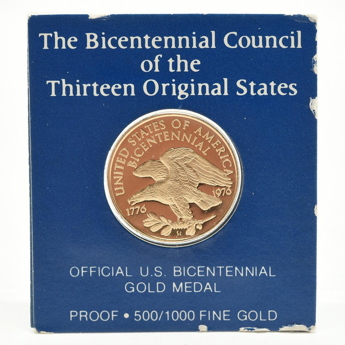 U.S. Official Bicentennial Gold Medal Proof: U.S. Official Bicentennial Gold Medal Proof, 500/1000 fine gold, minted by the Franklin Mint.