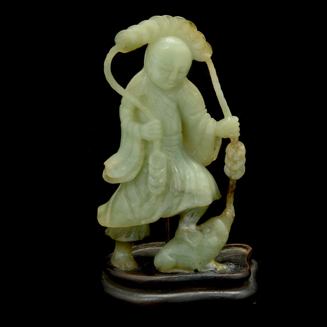 Chinese Carved Jade Figure of Liu Hai and Toad: Chinese Carved Jade Figure of Liu Hai and Toad. {Height: 8 inches (20.3 cm) excluding stand}. [Glued to wood stand, possibly repaired].