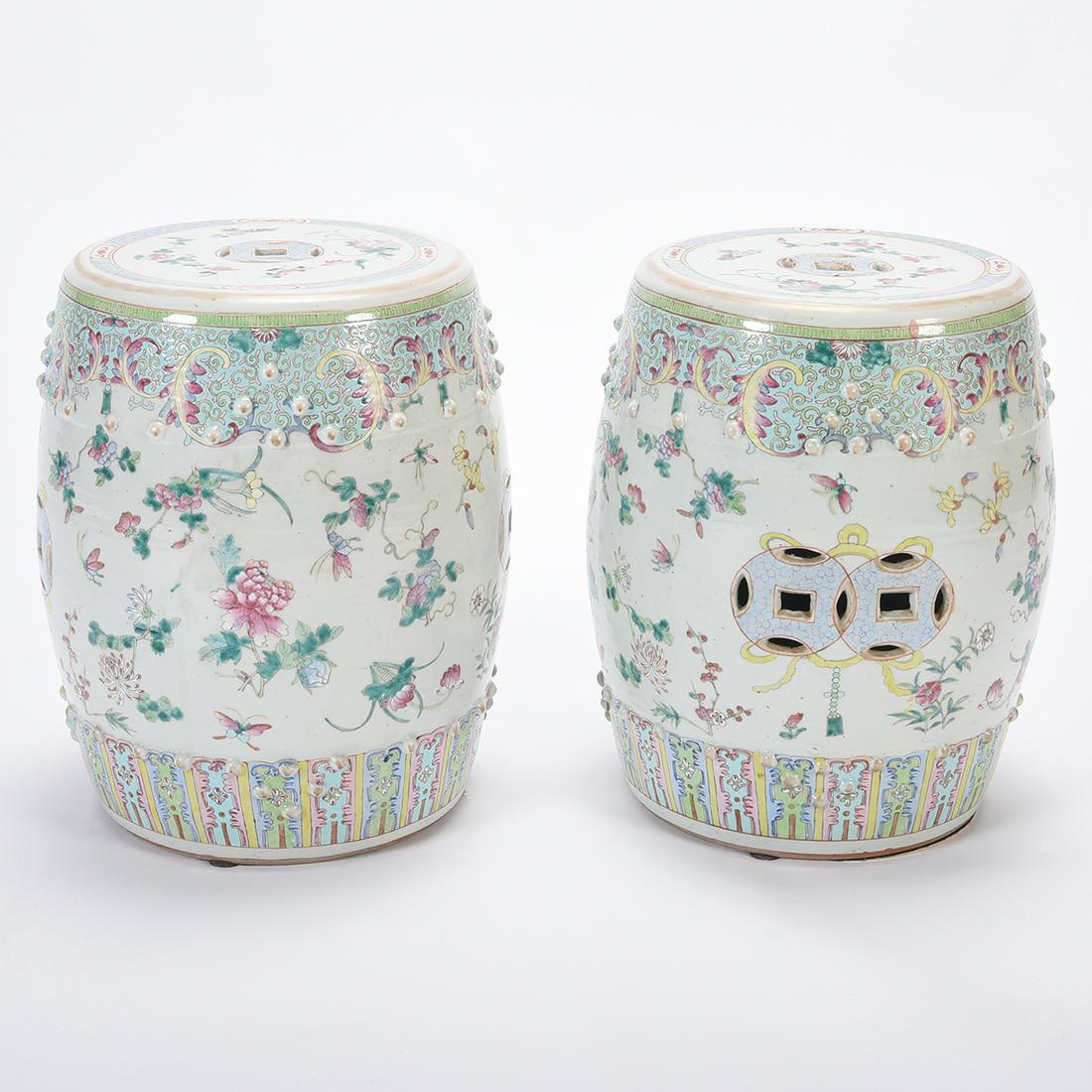 Pair of Chinese Drum Form Porcelain Garden Stools: Pair of Chinese Drum Form Porcelain Garden Stools. {Height: 18 1/2 inches each}.